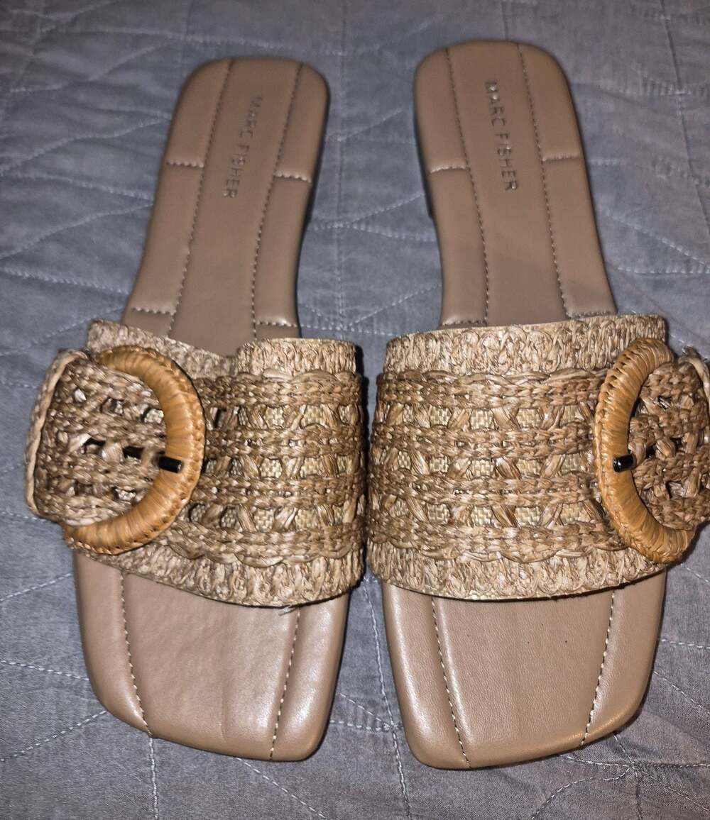 Marc Fisher Loree Raffia Buckle Slide Flat Sandals